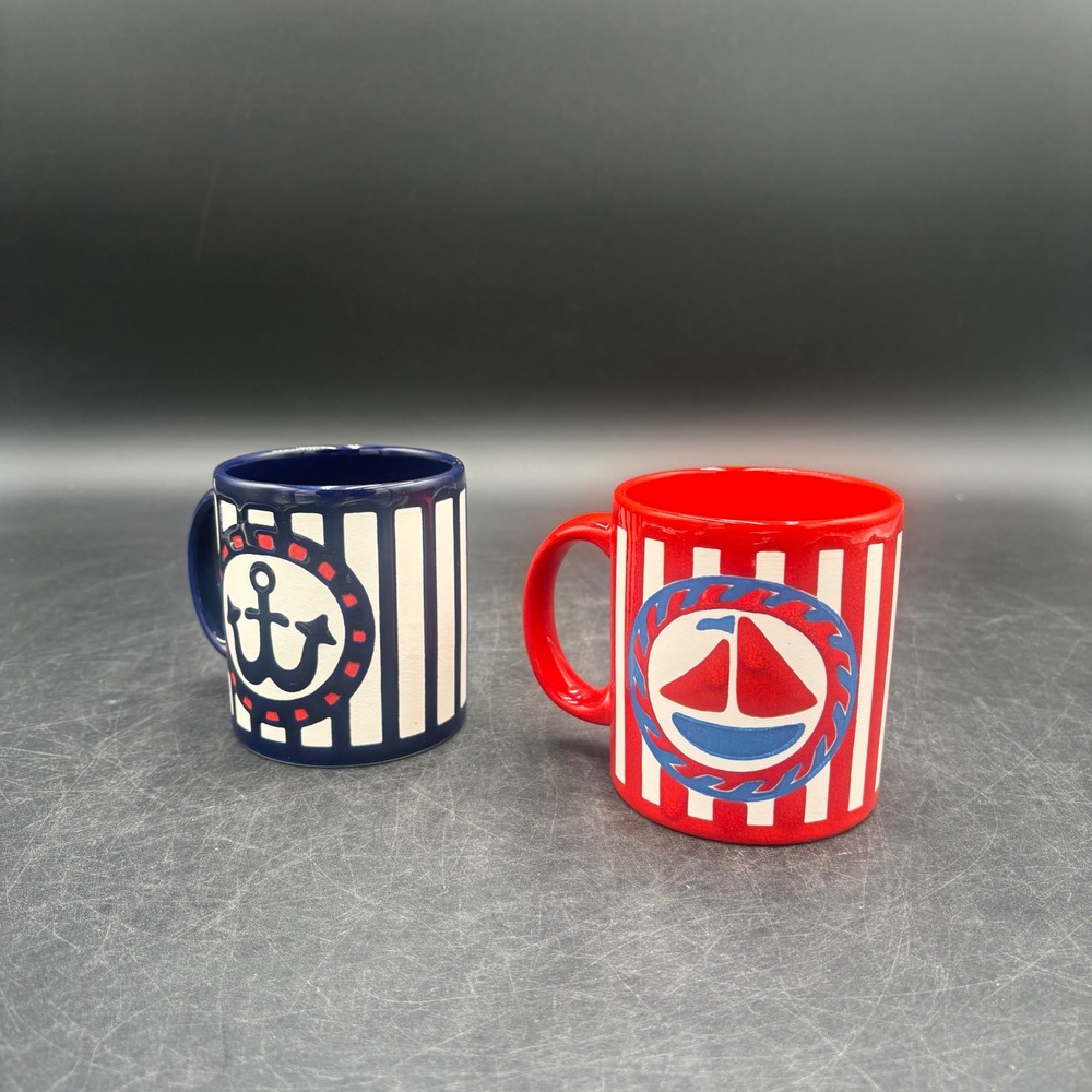 Vintage Waechtersbach West Germany Nautical Mugs Set Anchor Sailboat Red Blue